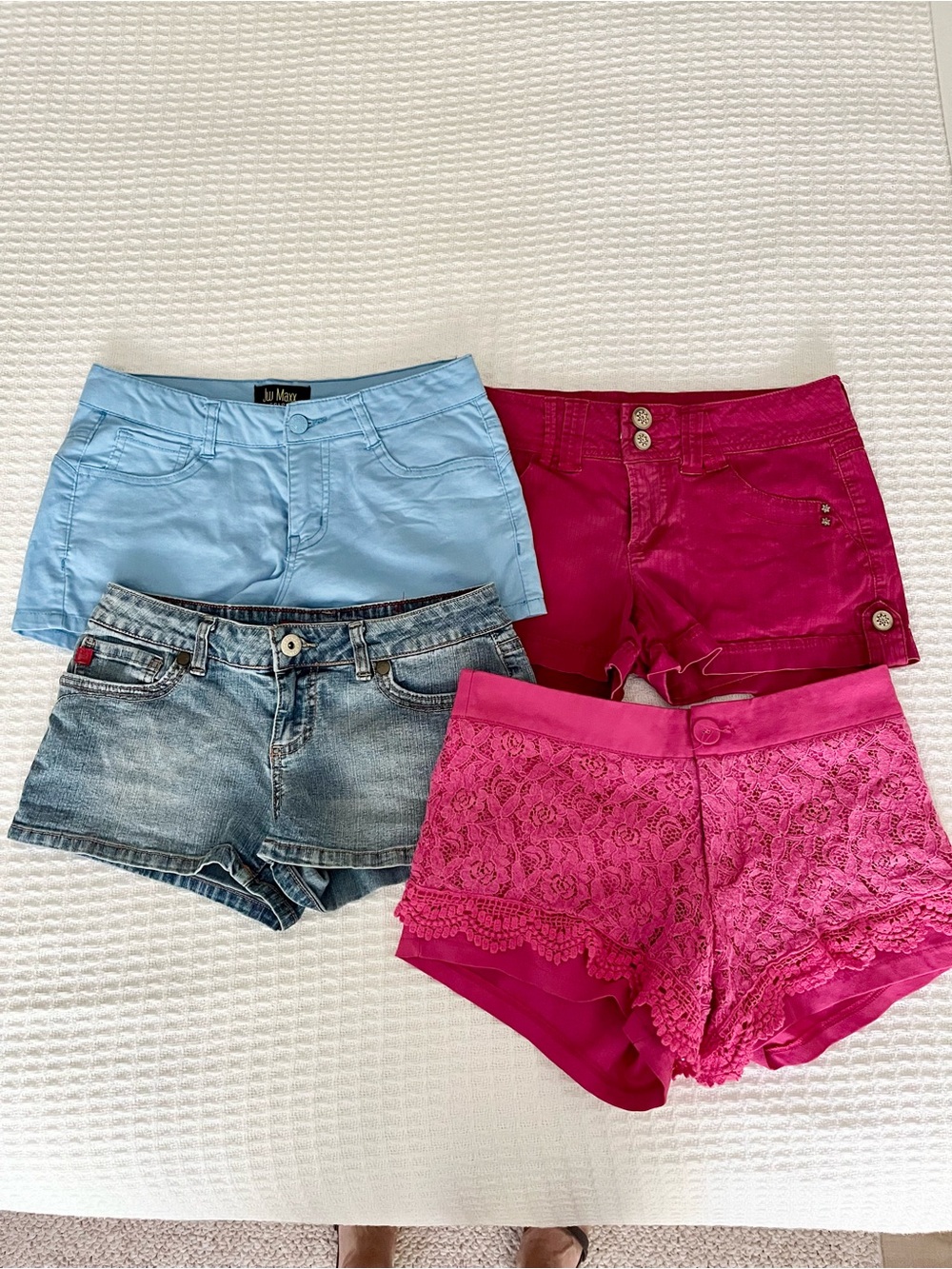 Bundle of Juniors Shorts - Light Blue, Denim, Hot Pink, Fuchsia Lace, Sz 5